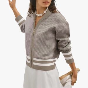 NWOT Taupe Knit Bomber Jacket with White Stripe Trim by